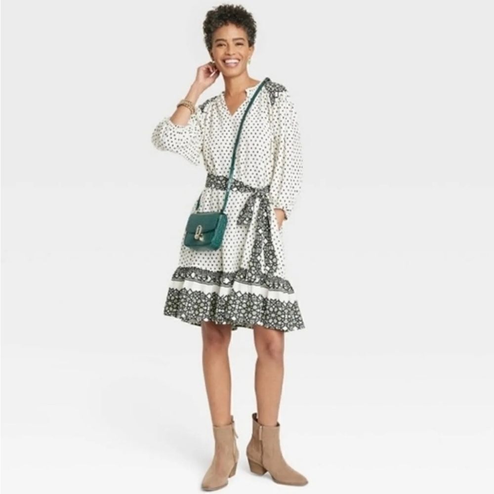 KNOX ROSE puff balloon sleeve ruffle hem tie waist boho dress L